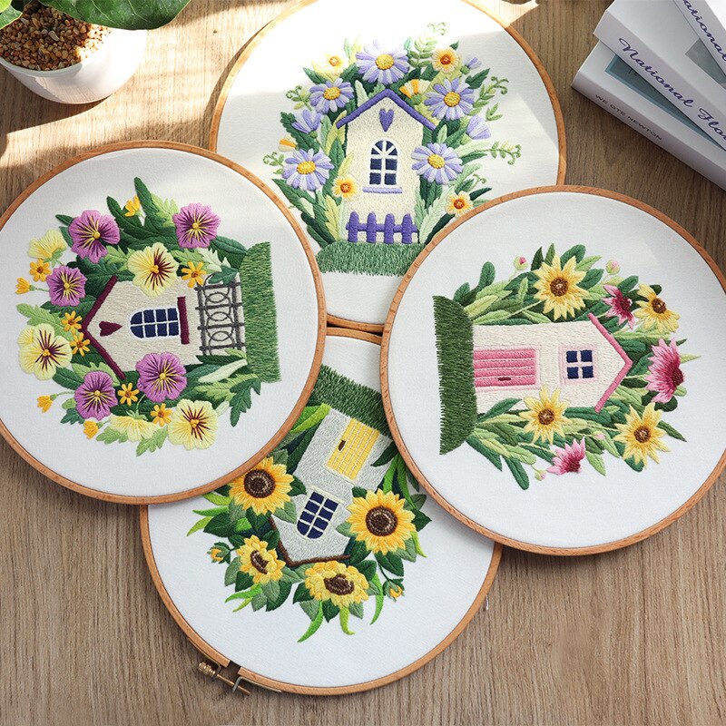Garden Little Elfs' House Embroidery Kit DIY Needlework Fairy Land Pattern Needlecraft for Beginner Cross Stitch(Without Hoop)