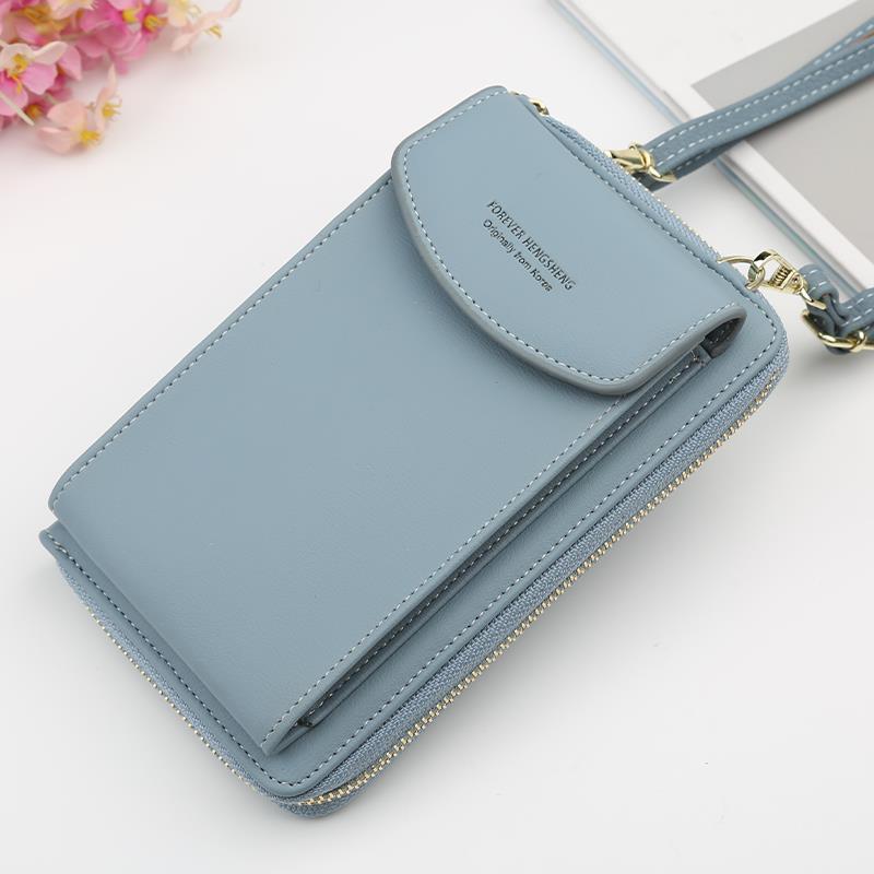 Women Wallet Solid Color Leather Shoulder Straps Shoulder Bag Mobile Phone Big Card Holders Wallet Handbag Pockets girls: LightBlue
