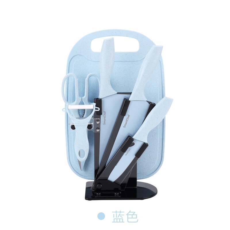 Tarwe Stro Mes Set Rvs Zeven Stuk Mes Set Keramische Mes Keuken Set Mes Schaar Fruit mes Houder: Blue Black base