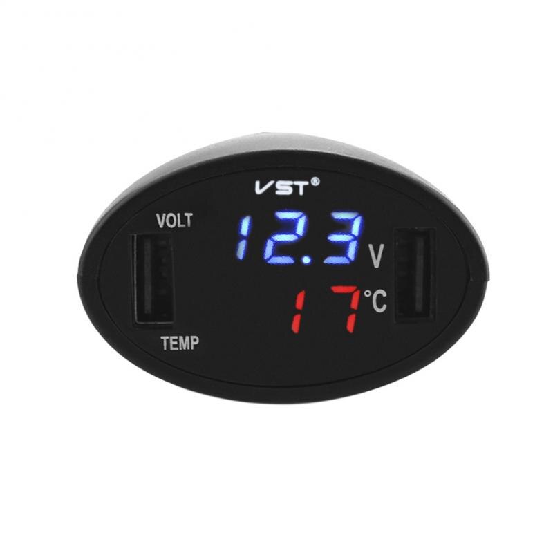 Dual Usb Car Charger Auto Digitale Led Voltmeter Sigarettenaansteker Adapter 3in1 Thermometer Batterij Monitor Auto Vervangende Onderdelen: Default Title