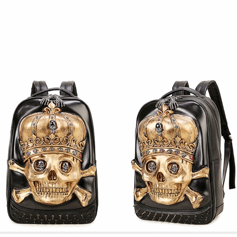 3D Backpack Men Personality Travel Backpack Gothic Crown Skull Rivet Motorcycle Ride Unique