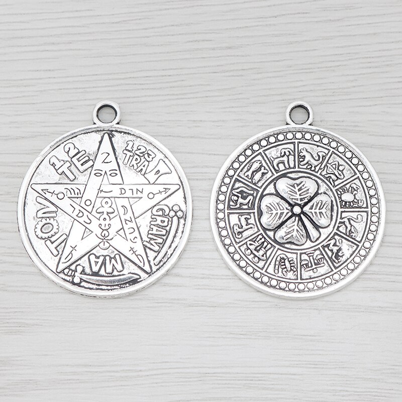 6 x Große Runde 2 Seitige Geschnitzte Muster Pentagramm Charms Wiccan Pagan Anhänger Für Halskette Schmuck Machen 35mm