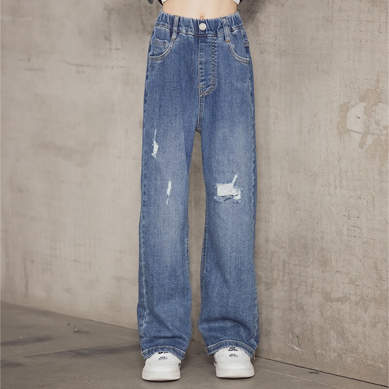 Jeans per ragazze di nuovo arrivo pantaloni larghi in cotone dritto Jeans strappati per bambini pantaloni larghi in Denim moda bambino abbigliamento per ragazze grandi
