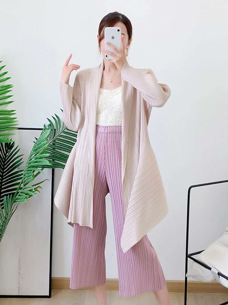 Lanmrem plissert trenchcoat cardigan vår tynn vindjakke langermet uregelmessig løs mellomlang kåpe 2 r 4617
