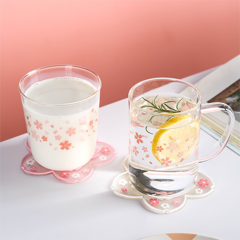 Tasse transparente à fleurs de cerisier, rose, café au lait, verre Sakura résistant à la chaleur, sous-verre Kawaii