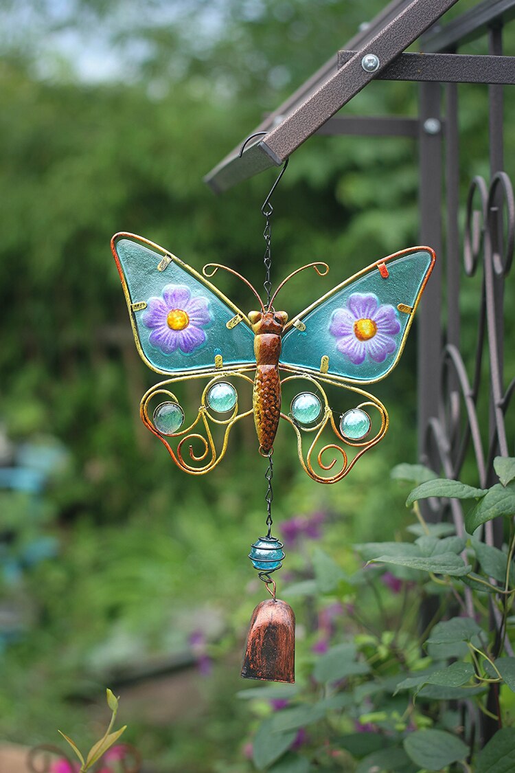 Fer forgé couleur verre grand papillon décoration de jardin en plein air Style pastorale carillon éolien pendentif idyllique ornements