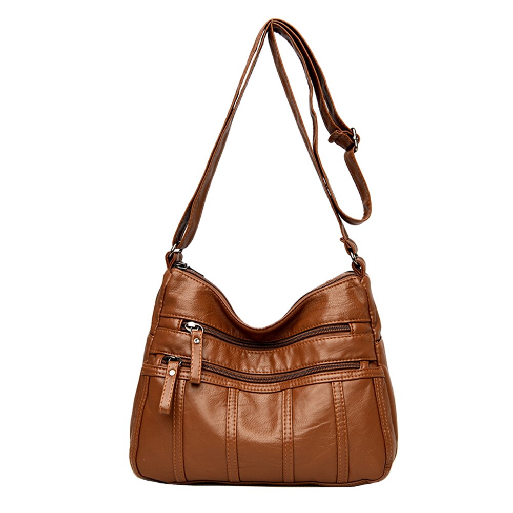 Solid Crossbody Bag Casual Women PU Shopping Street Shoulder Bags Large Capacity Multi-zipper Mother Top-handle Handbags: Light Brown B