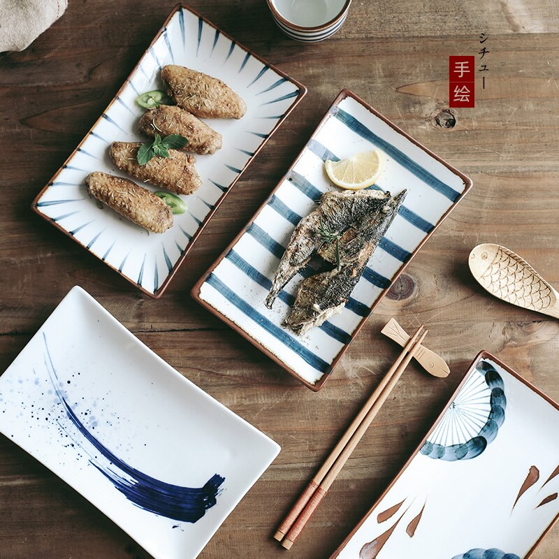 Handgeschilderde Japanse Stijl Retro Handgeschilderde Keramische Sushi, Rechthoek, Japanse Ingrediënten, Desserts, gerechten, Desserts, Vis