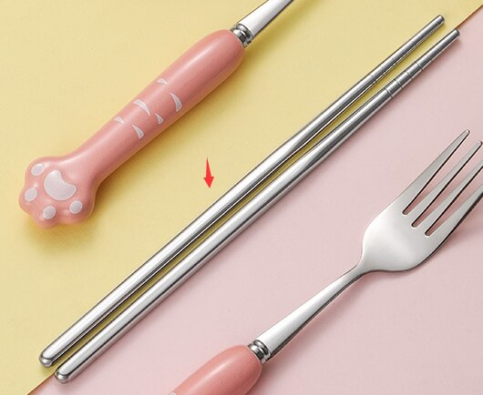 Cute cat claw ceramic 304 stainless steel tableware spoon fork chopsticks cute cartoon spoon gold spoon fork: Silver chopsticks