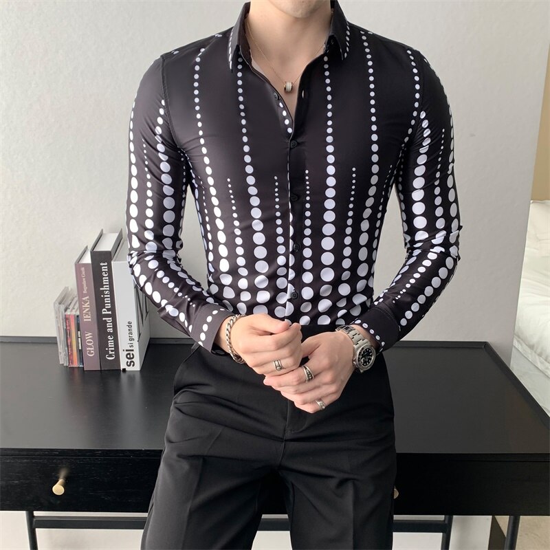 Koreanska herr prickade skjortor höst långärmad herrskjorta högtidskläder slim fit casual arbetsskjortor för herrkläder 3xl- m