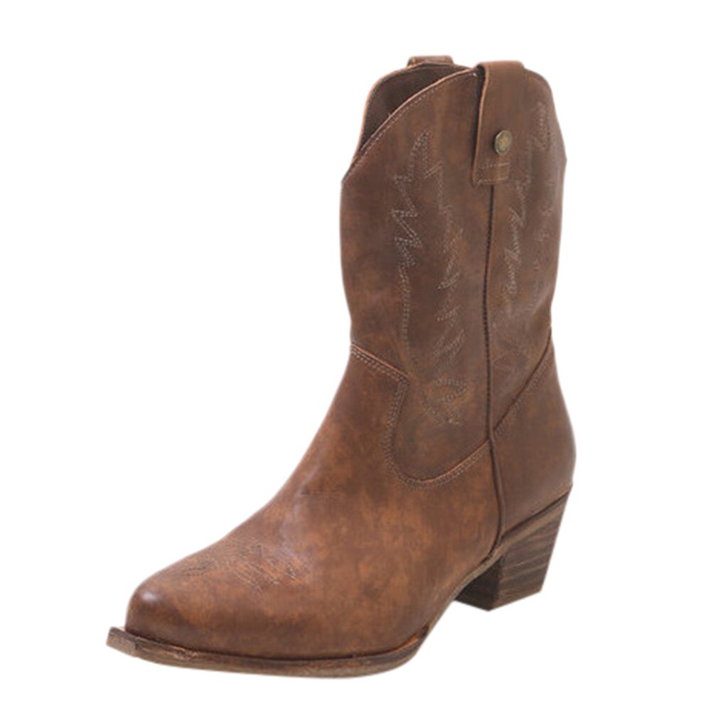 Vinterstøvler kvinner semsket skinn kalv imitert slip-on skinn støvler med rund tå dame lavhælte sko cowboy ridder boots #3: Brun / 9