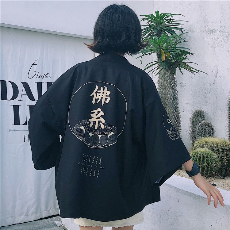 Bella philosophie japon style imprimé vintage Harajuku Style Blouse vagues et vent Dragon chemises japonais manches chauve-souris kimono: black 3 KMN102BL3