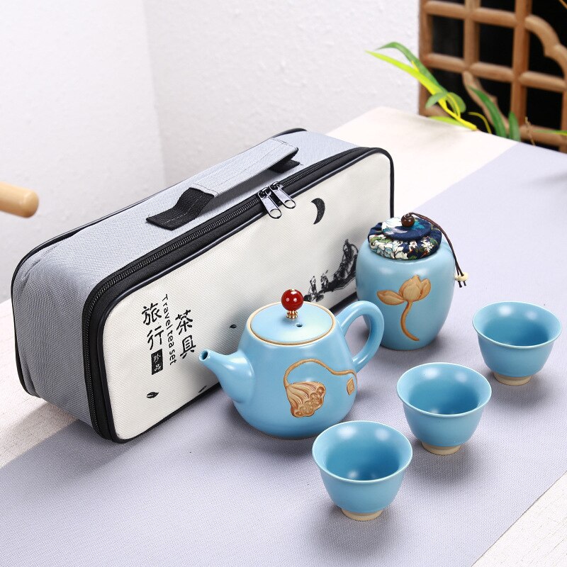 Portable Chinese Tea Set Ceramic Teapot Leaves Jar 3 Porcelain Tea Cups with Carrying Case FQ-ing: 2