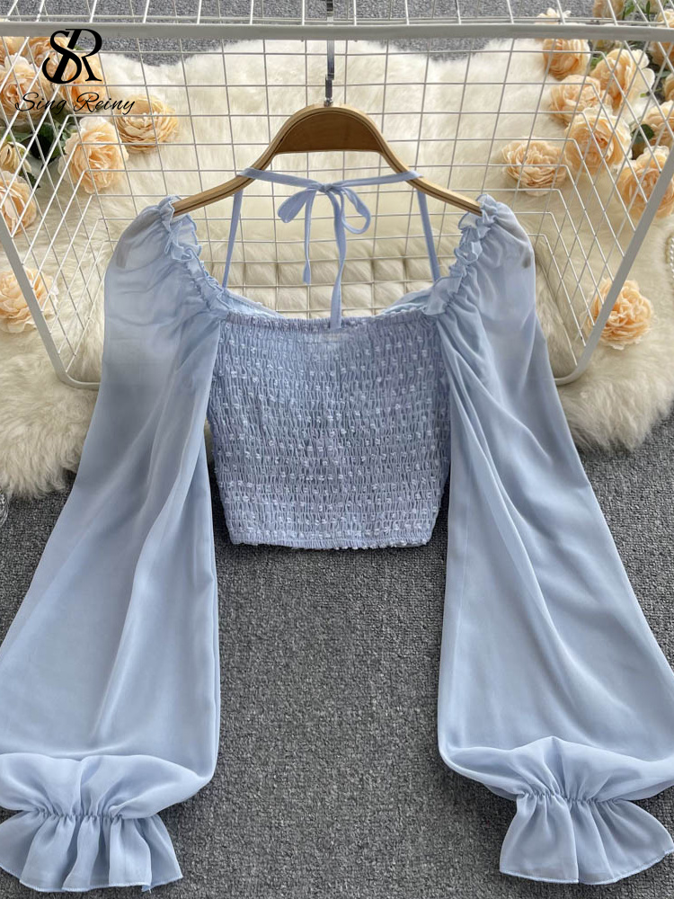 Singiny blusa curta dobrável de bolinhas, verão, gola slash, manga comprida, feminina, gravata halter, cintura elástica, moda praia francesa