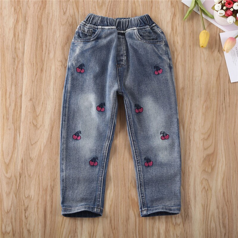 Pudcoco småbørn børn jeans afslappet sød kirsebær print denim bukser efterårstøj elastik høj talje barn piger 2-7 år
