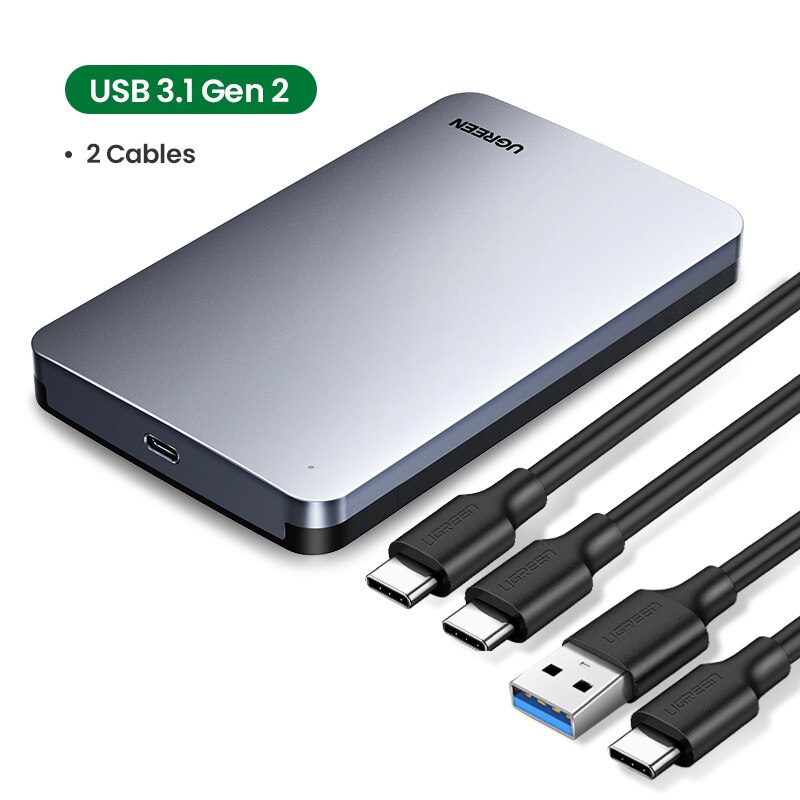 Ugreen HDD Case USB C Hard Drive Enclosure for 2.5" SATA SSD HDD Aluminum USB C to SATA Adapter USB 3.1 Gen 2 Support UASP SATA: Case - 2 Cables