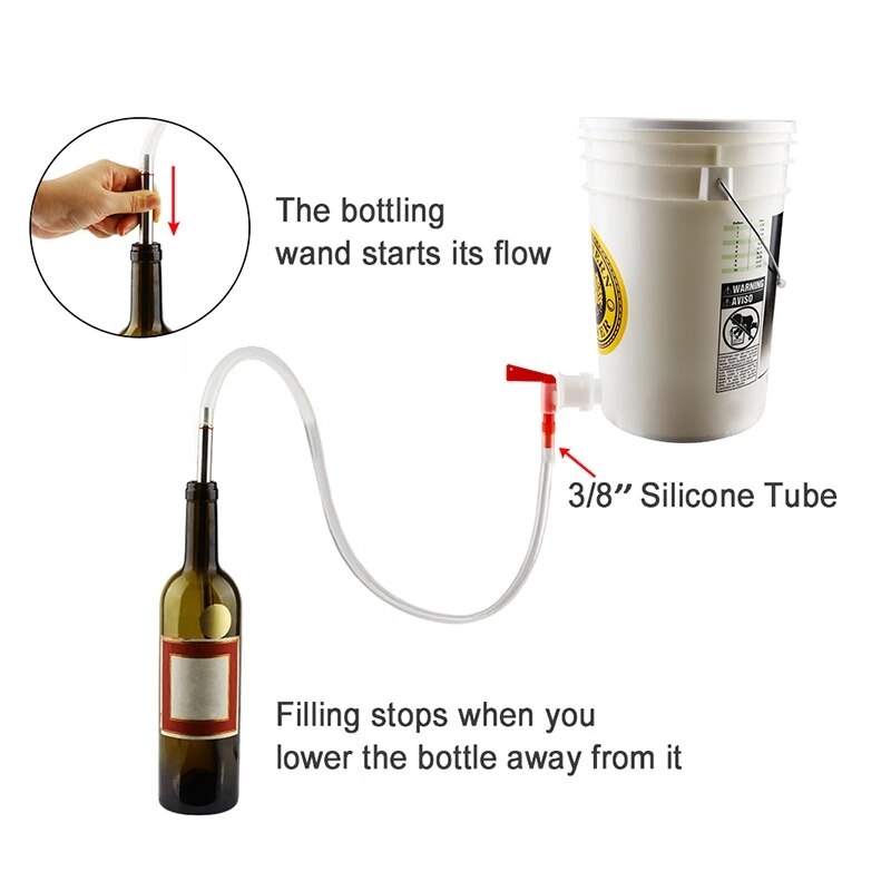 35cm Spring Load Beer Bottle Filler Kit,Bottling Bucket Spigot &amp;Brush &amp; 1M Hose,Stainless Steel Wine Transfer Tools For Homebrew