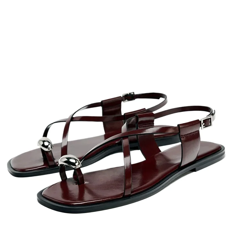Sandalias planas con de hebilla y correa cruzada para mujer, zapatillas planas informales con decoración de Metal a la , zapatos de playa cómodos, verano: 35
