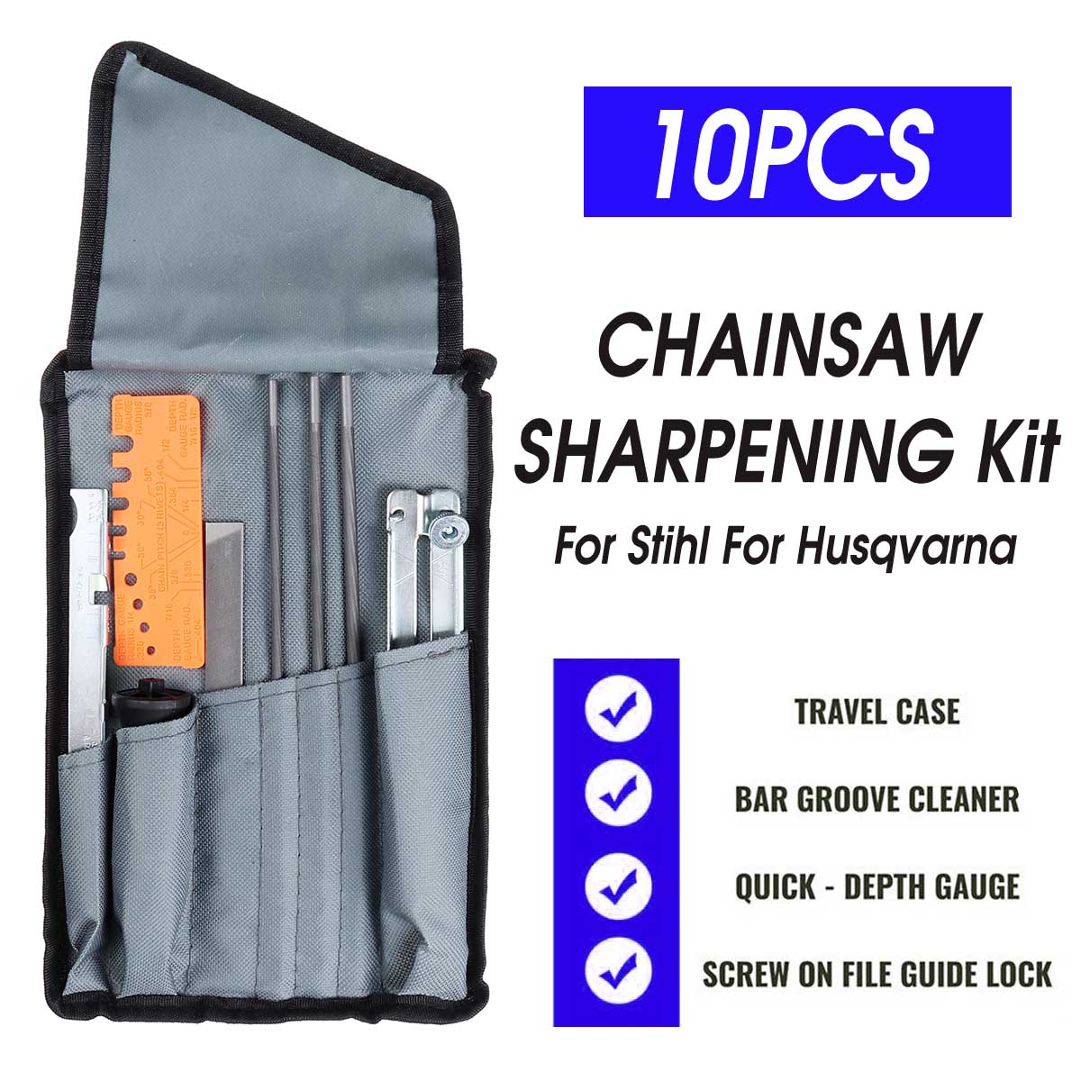 10pcs Chainsaw Chain Sharpening Kit Tool Set Hardwood Handle + Round/Flat File Guide Bar File Sharpener Tools