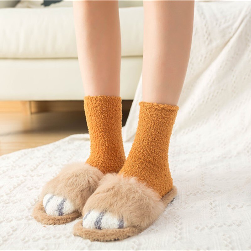 Calcetines de lana de Coral para mujer, medias de tubo Kawaii, con garras de gato, gruesos y cálidos para dormir, para otoño e invierno, 1 par, novedad