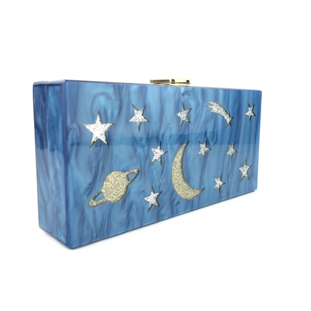 Neue blau perle mond sterne landschaft acryl abend tasche universe muster kupplung geldbörse luxus frauen party hardbox handtasche