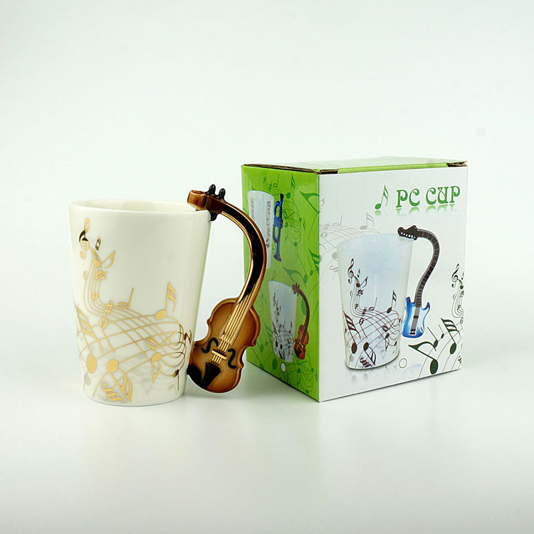 Caneca de cerâmica musical criativa 240ml, estilo violino, guitarra, café, chá, leite, canecas e copos com alça, presentes novidade: Transparente