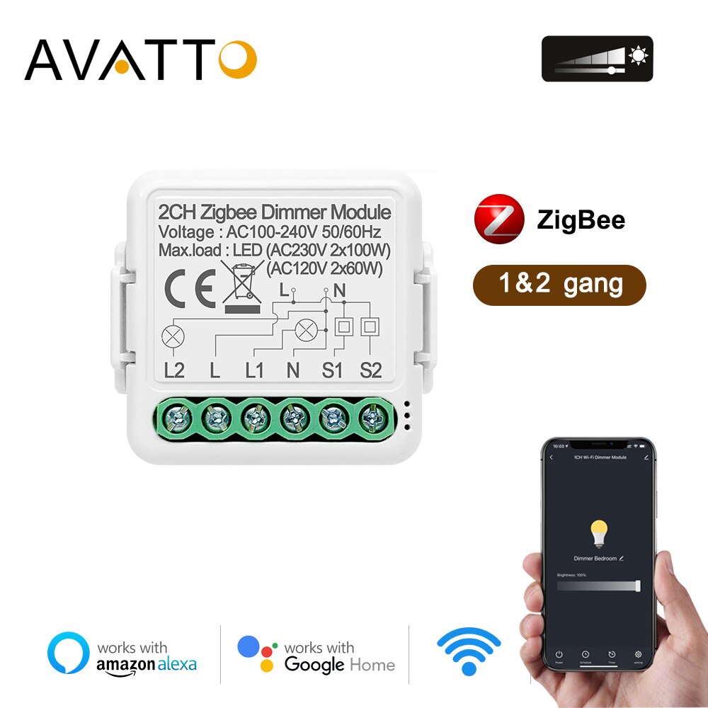 Avatto tuya smart zigbee dimmer switch modul ,1/2 gäng dimbar ljus switch app fjärrkontroll arbeta med alexa google home