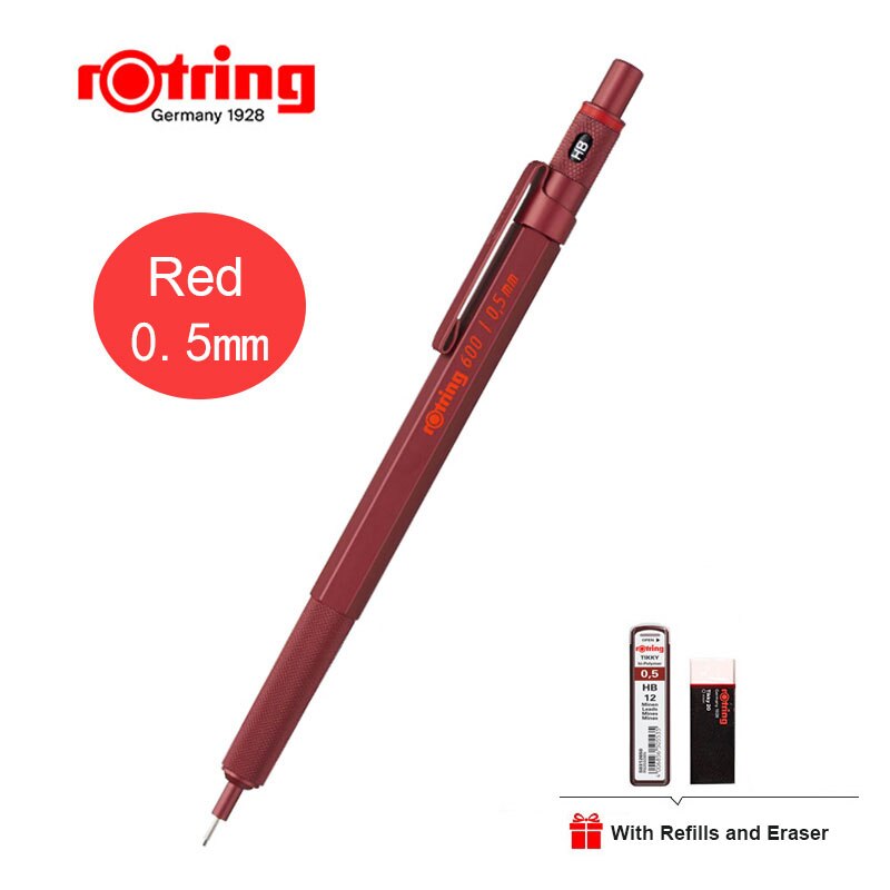 Rotring 600 Mechanical Pencils 0.5mm 0.7mm Drawing Sketching Pens Metallic Body Hexagon Holder: RED 0.5mm in set