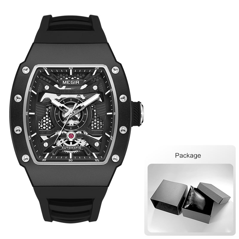 Reloj mecánico automático MEGIR para hombre con caja de acero inoxidable, correa de silicona, reloj de pulsera luminoso resistente al agua a la 8604: Rojo