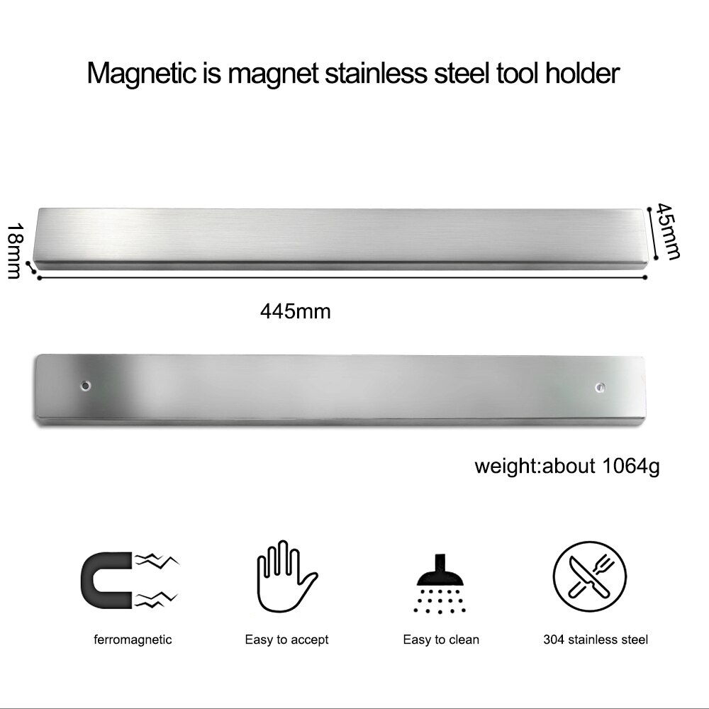 18 tommer 45cm magnetisk knivholder lengde magnet veggfeste knivstativ rustfritt stål 304 magnet kniver blokk kjøkkenkniv verktøy: 18 tommer stål