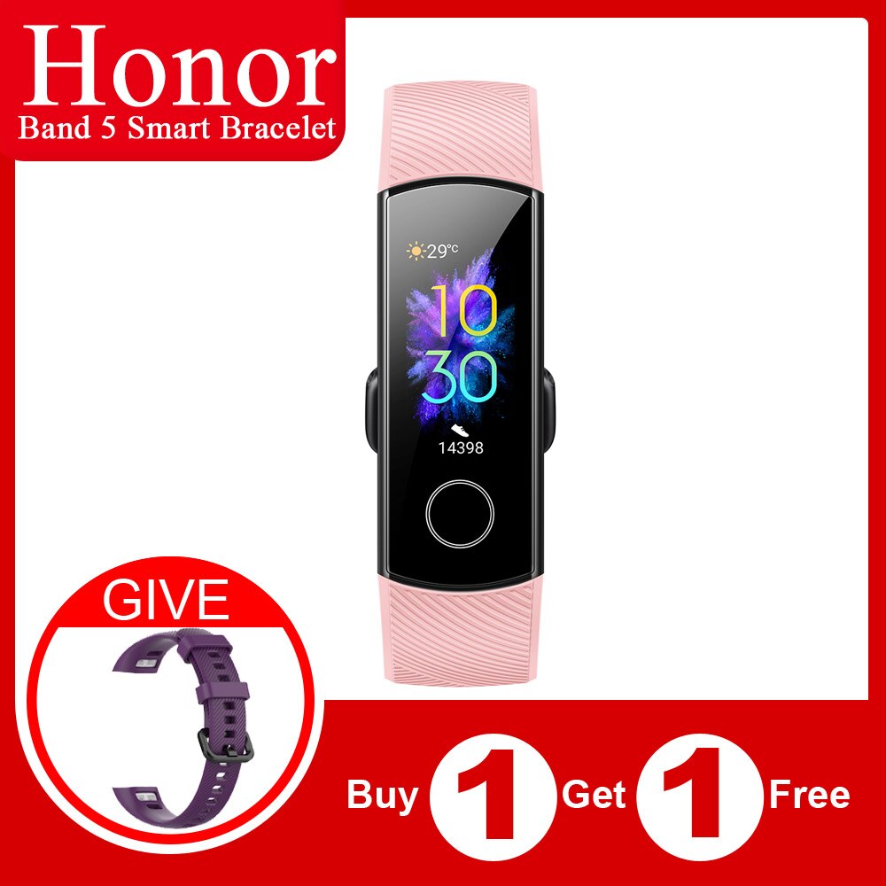 Originele Honor Band 5 Globle Versie Smart Wirstband Fitness Armband Tracker Stappenteller Hartslag Sleep Monitor Waterdichte Band: Pink and Purple
