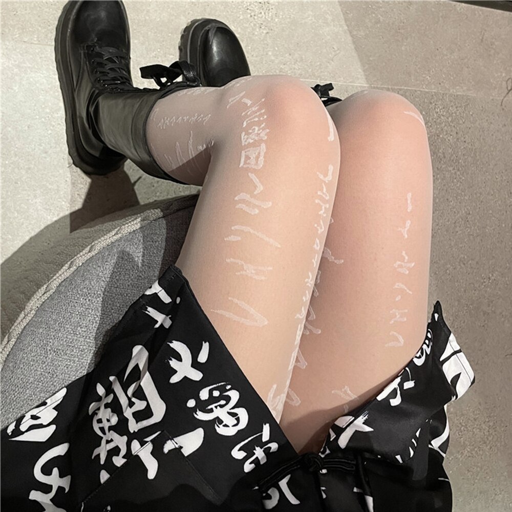 Sexy Japanese Letter Print Black Pantyhose Stockings Plus Size Tights Seamless Women's Spring Summer Pantyhose