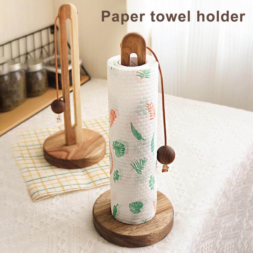 Kitchen Countertop Paper Towel Holder with Anti-Slip Wooden Base DIY Installation Standing Paper Towel Roll Stand Tissue Holder