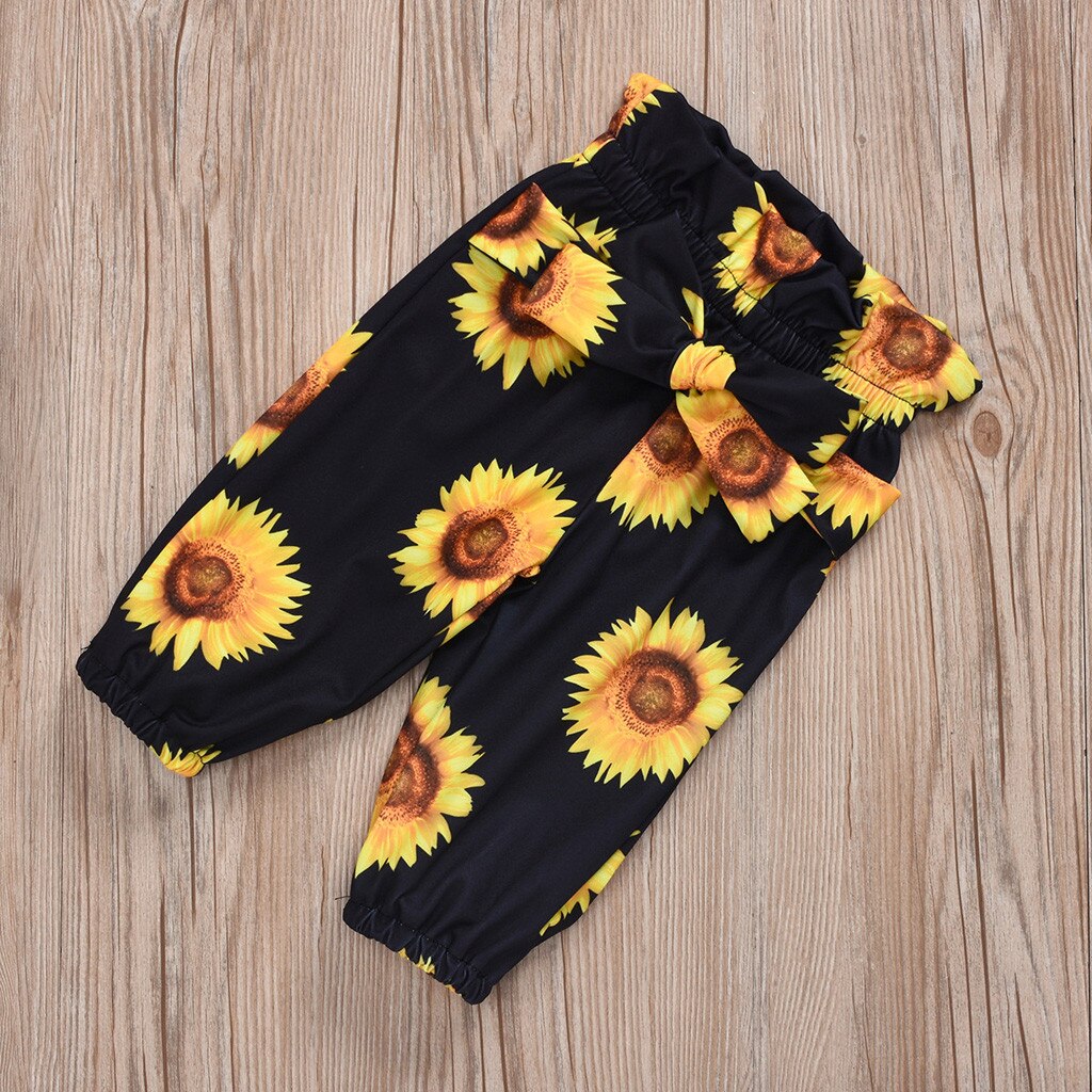 Del bambino Della Ragazza Set Bambino Manica Lunga Borsa Scoreggia Pagliaccetto Robe + Girasole Floreale Pants + Fascia Dei Capelli del Vestito Giallo vestiti детская одежда 5