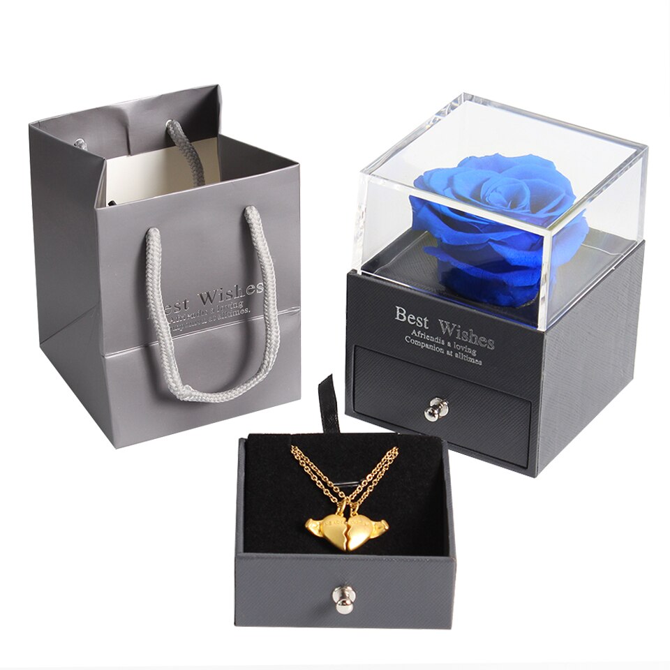Preserved Real Rose Jewelry Box with Necklace Holder Immortal Flowers Forever Blossom Wedding Birthday Set for Women: blue with necklace 