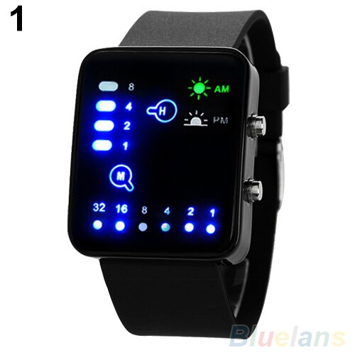 Sport LED Digitale Horloges Vrouwen Mannen Mode Unisex Binaire Systeem LED Vierkante Wijzerplaat Siliconen Band Quartz Horloge для влюбленных: Black