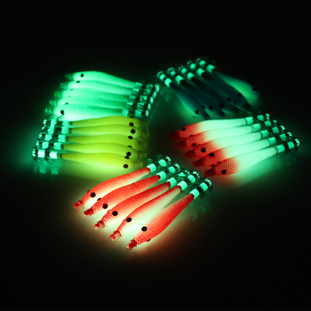 Señuelos de pesca fluorescentes, 5 uds., 6cm, 7cm, 9cm, 11cm, anzuelo de calamar, plantillas de sepia, cebo, camarones de madera, aparejos de pesca de mar ﻿