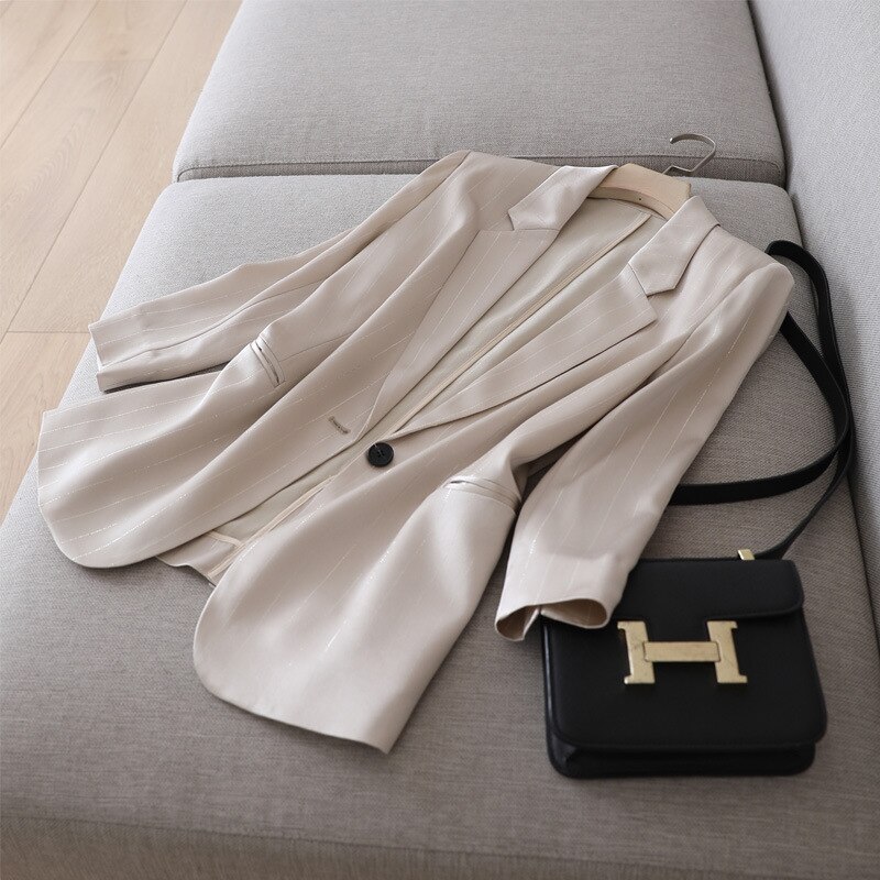 LMCAVASUN Japan gloss triacetate satin Small suit jacket Women's slim suit: Beige / M