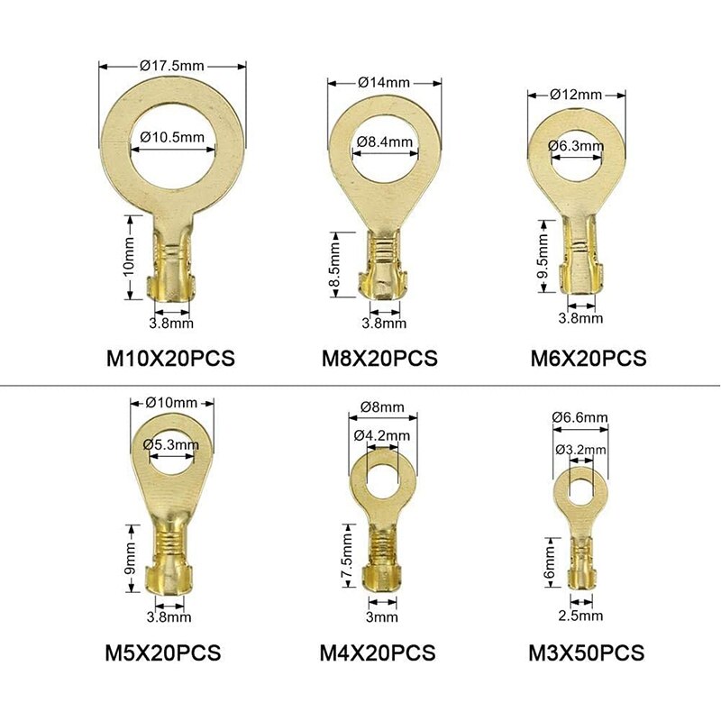 150 Pcs Cable Ring Terminal Ring Cable Lugs Copper Lugs Ring Terminals Connectors Brass Crimp Cable Wire Terminals