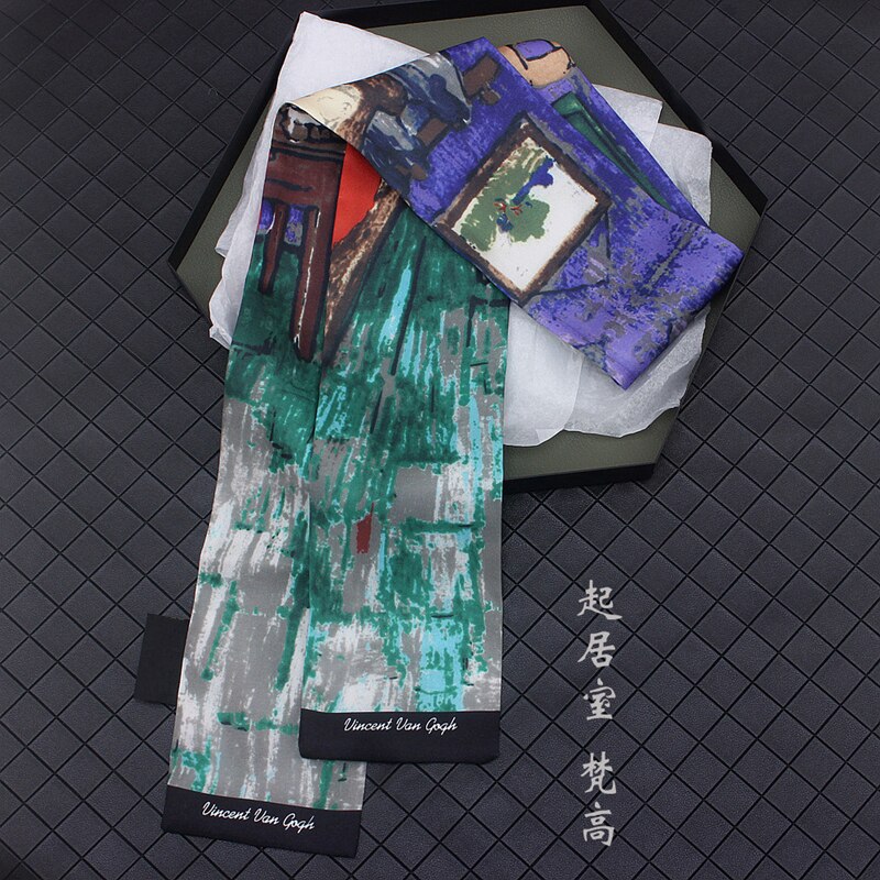 Van Gogh《Starry Night》Oil Painting Twill Silk Scarf Women Neckerchief Skinny Bag Scarf Female Headband Scarves Wraps For Ladies: 17