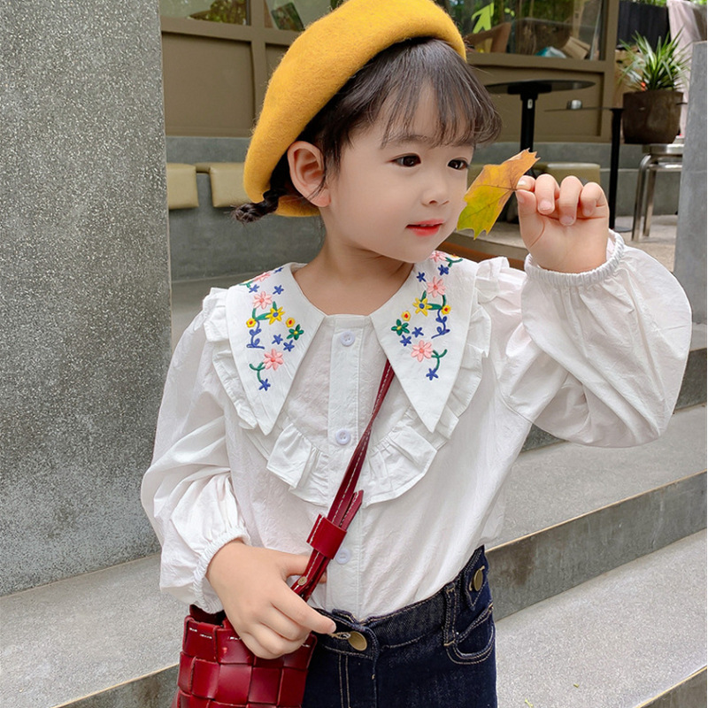 Meisjes Shirt Borduren Grote Kraag Lange Mouwen Top Kant Stiksels Lange Mouwen Shirt 2022 Lente Casual Kinderkleding