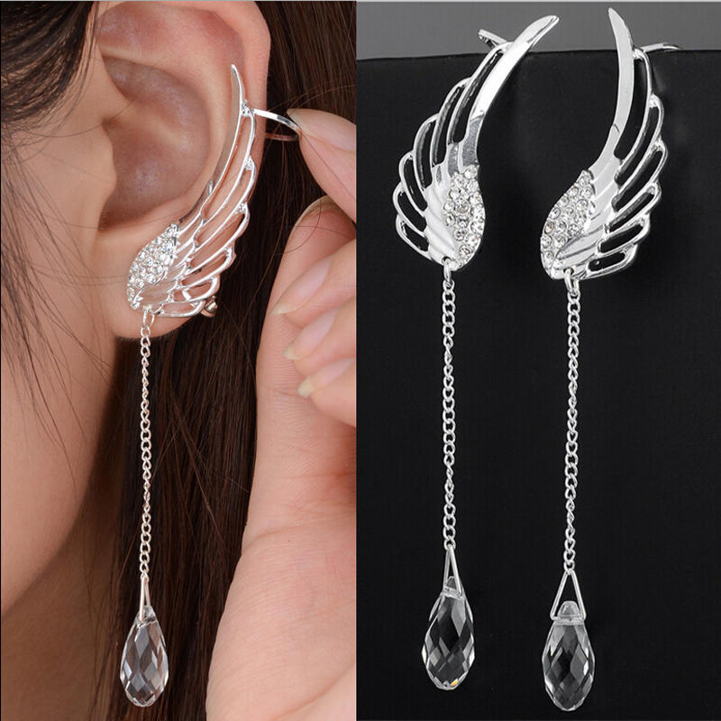 Angel Wing Stylist Crystal Oorbellen Dangle Ear Stud Voor Vrouwen Lange Manchet Oorbel