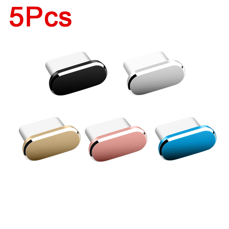 5 bouchons anti-poussière en métal pour Port de chargement de téléphone de Type C, couvercle de protection anti-poussière, capuchon étanche, décoration pour Samsung Xiaomi: Black