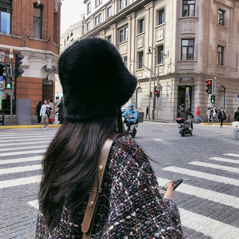Sombrero de pelo de conejo para mujer, sombrero de pescador de felpa del Joker, versión coreana, muestra la cara, sombrero de cubo pequeño, sombrero de lavabo de día cálido