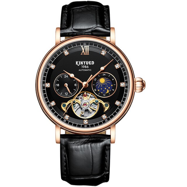 KINYUED-reloj con movimiento mecánico para hombre, Tourbillon, automático, esqueleto hueco, de negocios, reloj luminoso resistente al agua, J053: Black