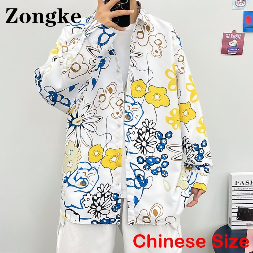 Zongke Bloemen Casual Shirts Voor Mannen Kleding Chinese Maat 4XL Koreaanse Lange Mouw Man Kleren 2022 Nieuwkomers: White / Chinese Size XL
