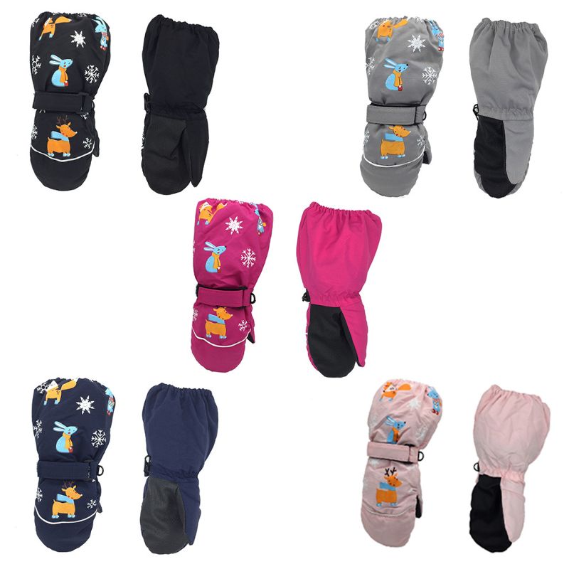 Winter Children Print Cartoon Deer Rabbit Thickening Ski Gloves Kids Windproof Waterproof Non-slip Long-sleeved Mittens G99C
