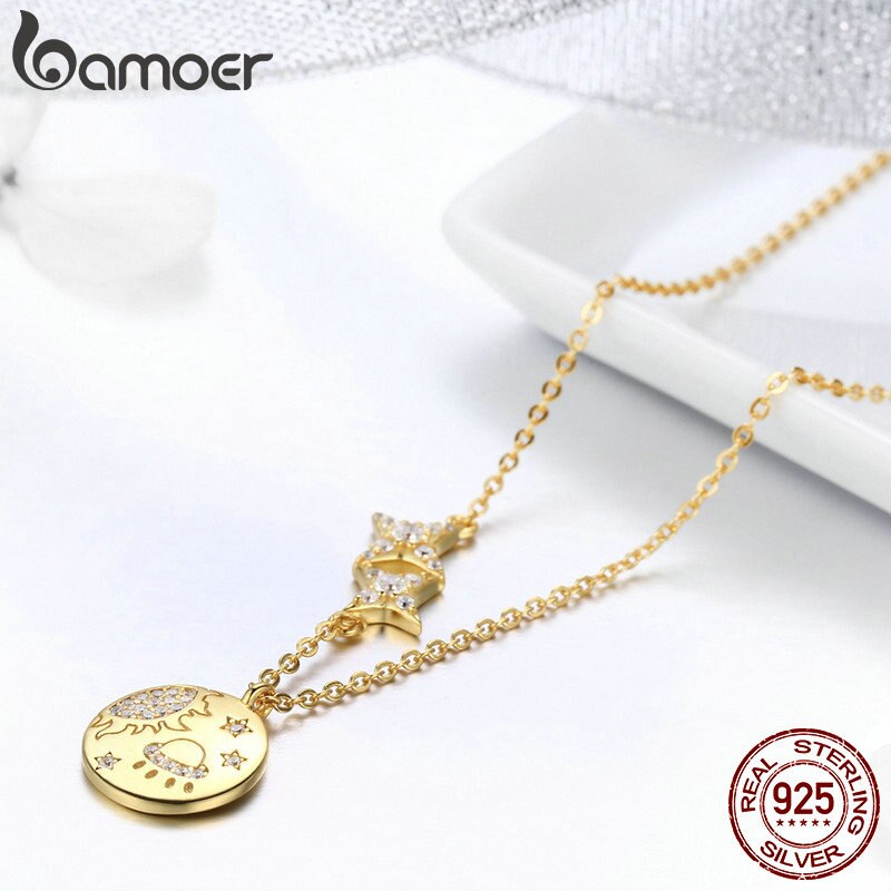 BAMOER 100% 925 Sterling Silber Geheimnis Galaxis Gold Farbe Anhänger Halsketten für Frauen Halskette Schmuck, Der SCN281