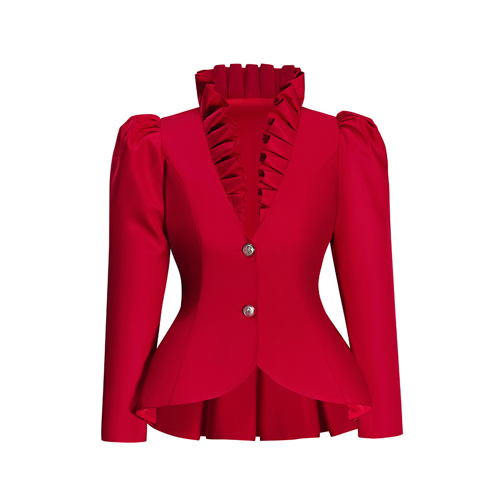 Viktorianische Gothic, eleganter roter Blazer, formelle Business-Rüschen, schmale Jacke mit V-Ausschnitt, viktorianische Trubel-Piratenjacke