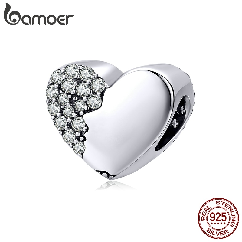 Bamoer 925 prata esterlina coração-forma contas de metal para mulheres jóias fazendo amante rosto charme para pulseira original scc1426